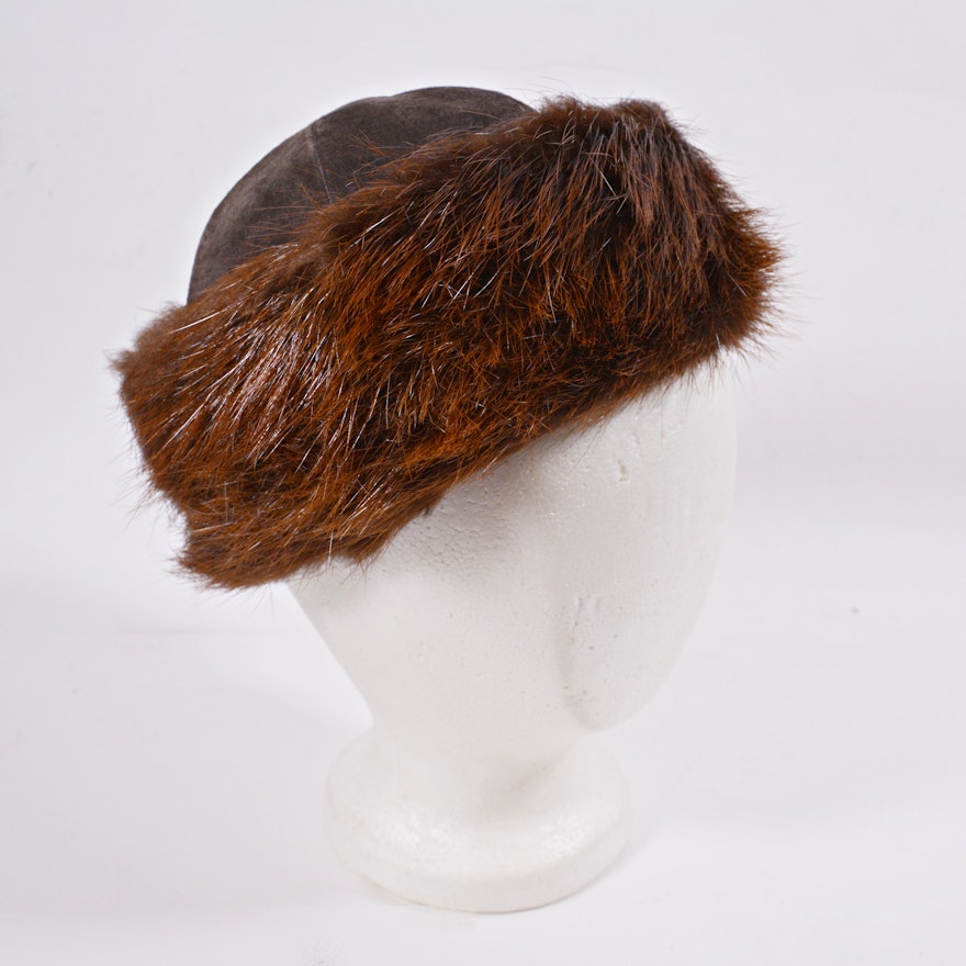 Brown Leather and Dyed Muskrat Fur Pillbox Hat