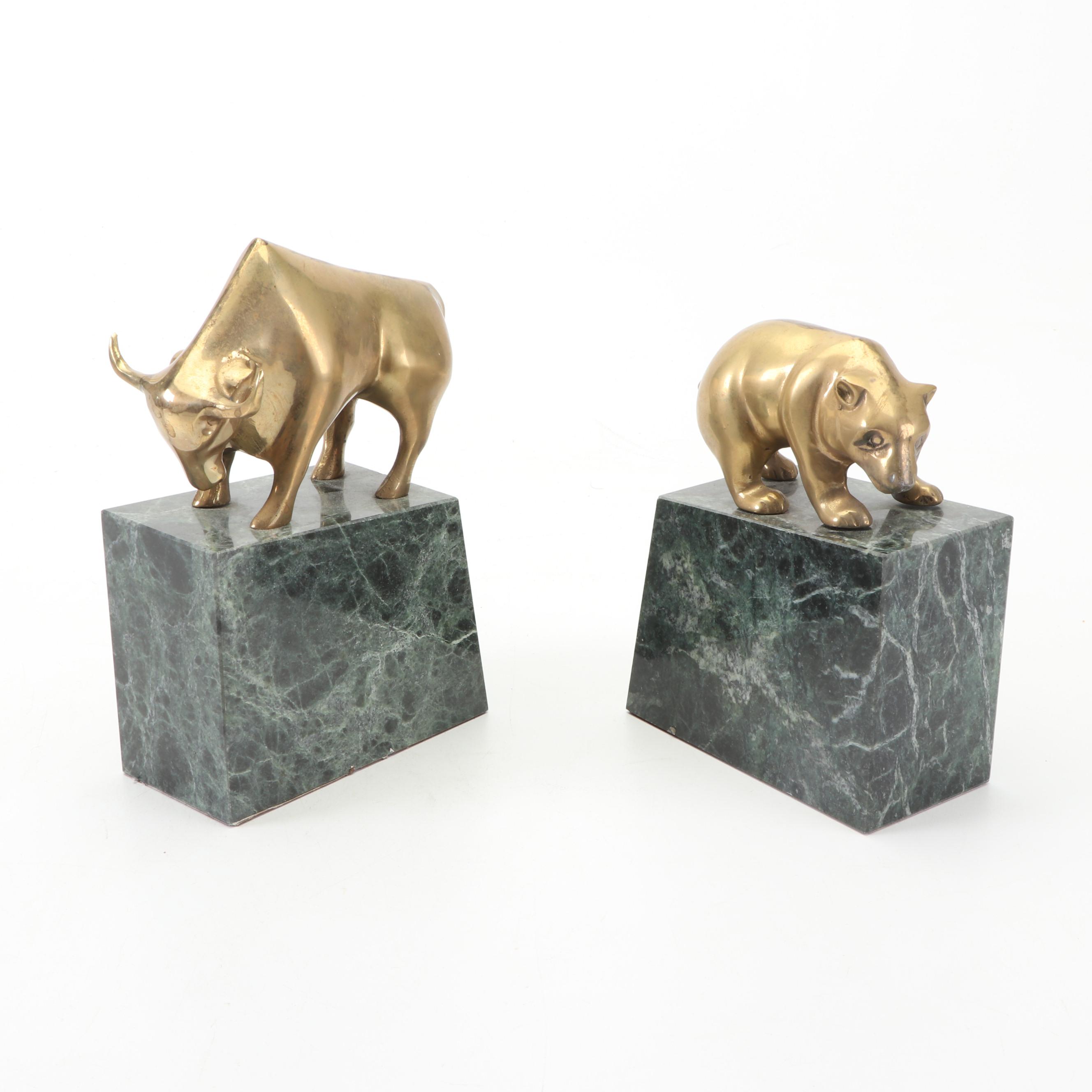 Gatco Brass and Marble Bear and Bull Bookends