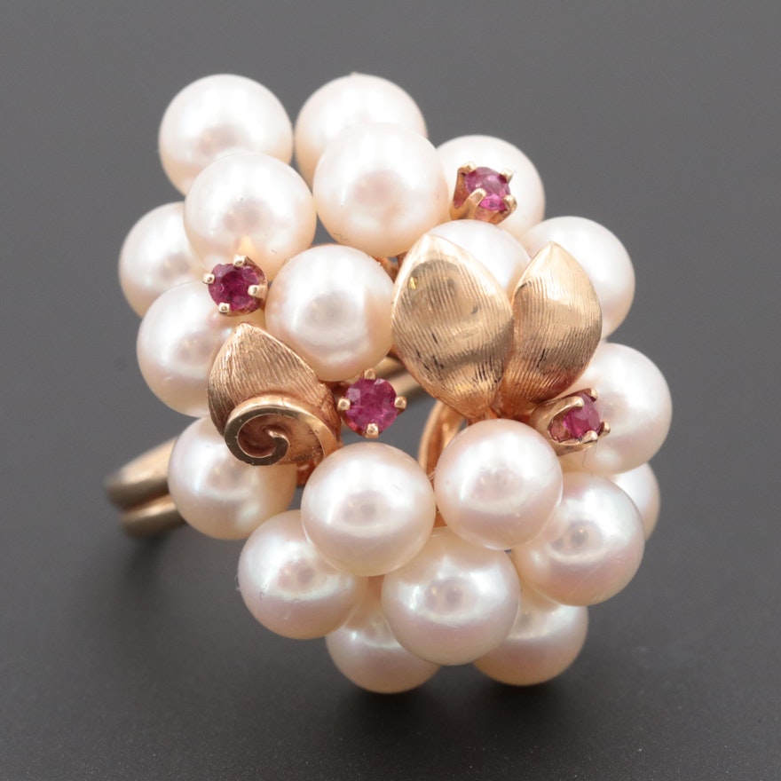 14K Yellow Gold Cultured Pearl and Ruby Cluster Ring