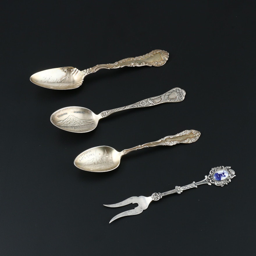 Sterling Silver Souvenir Spoons and 800 Silver Lemon Fork