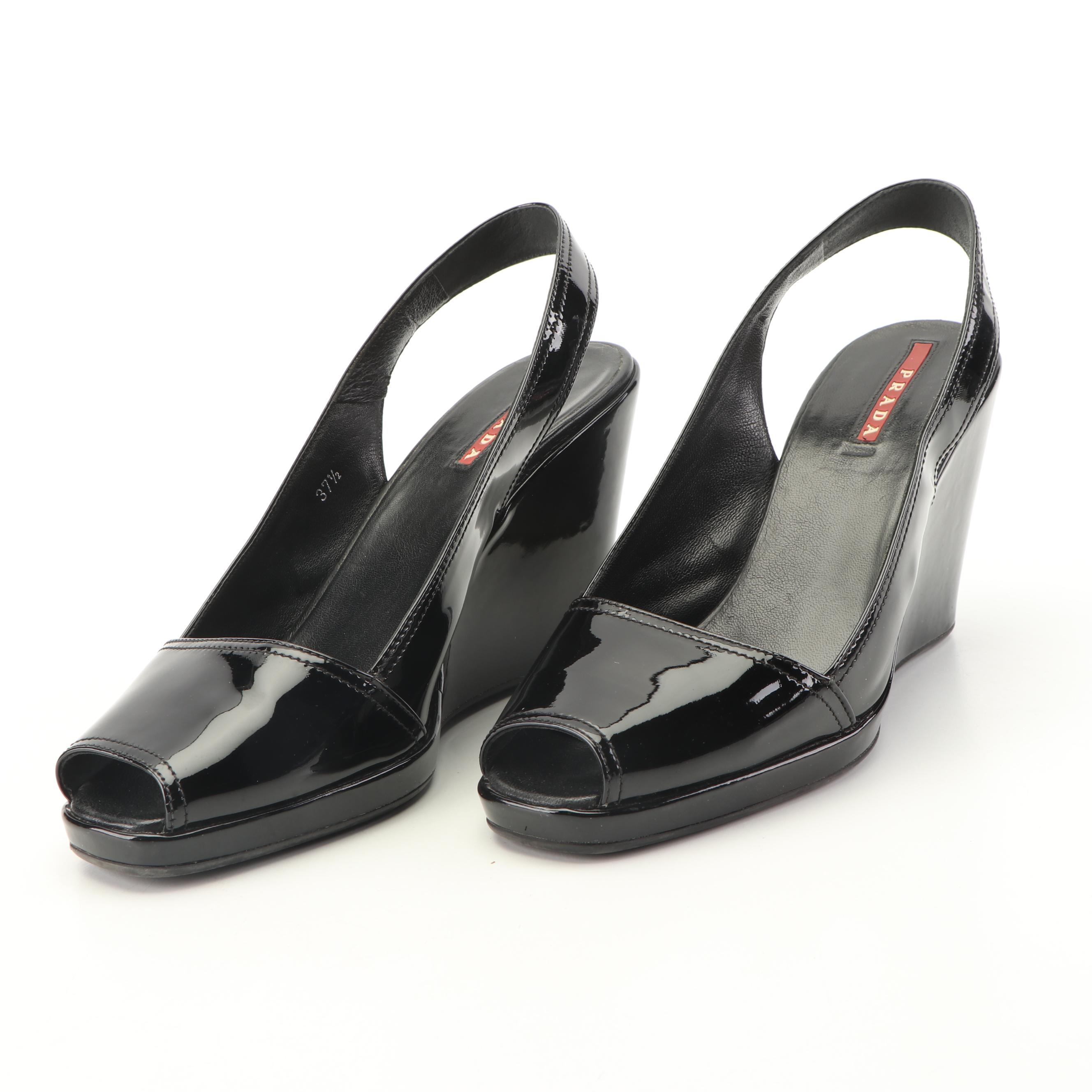 Prada Black Patent Leather Peep-Toe Slingback Wedges