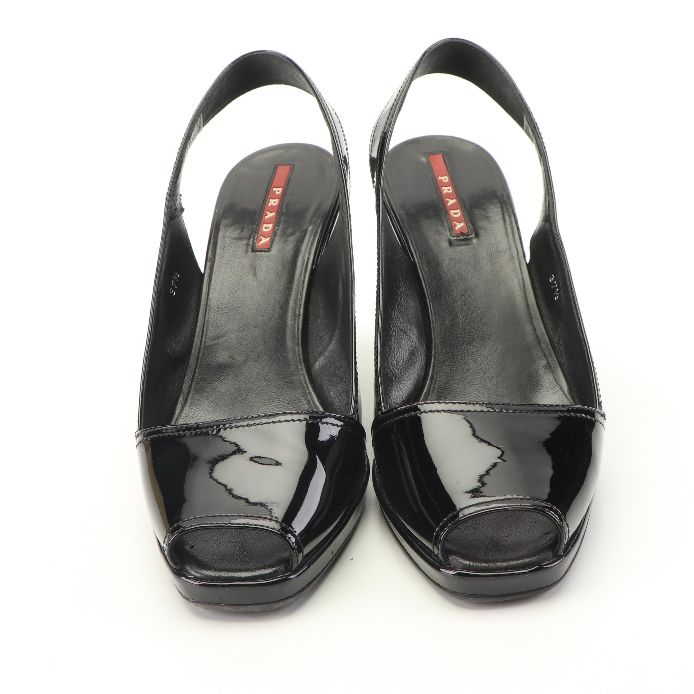 Prada Black Patent Leather Peep-Toe Slingback Wedges