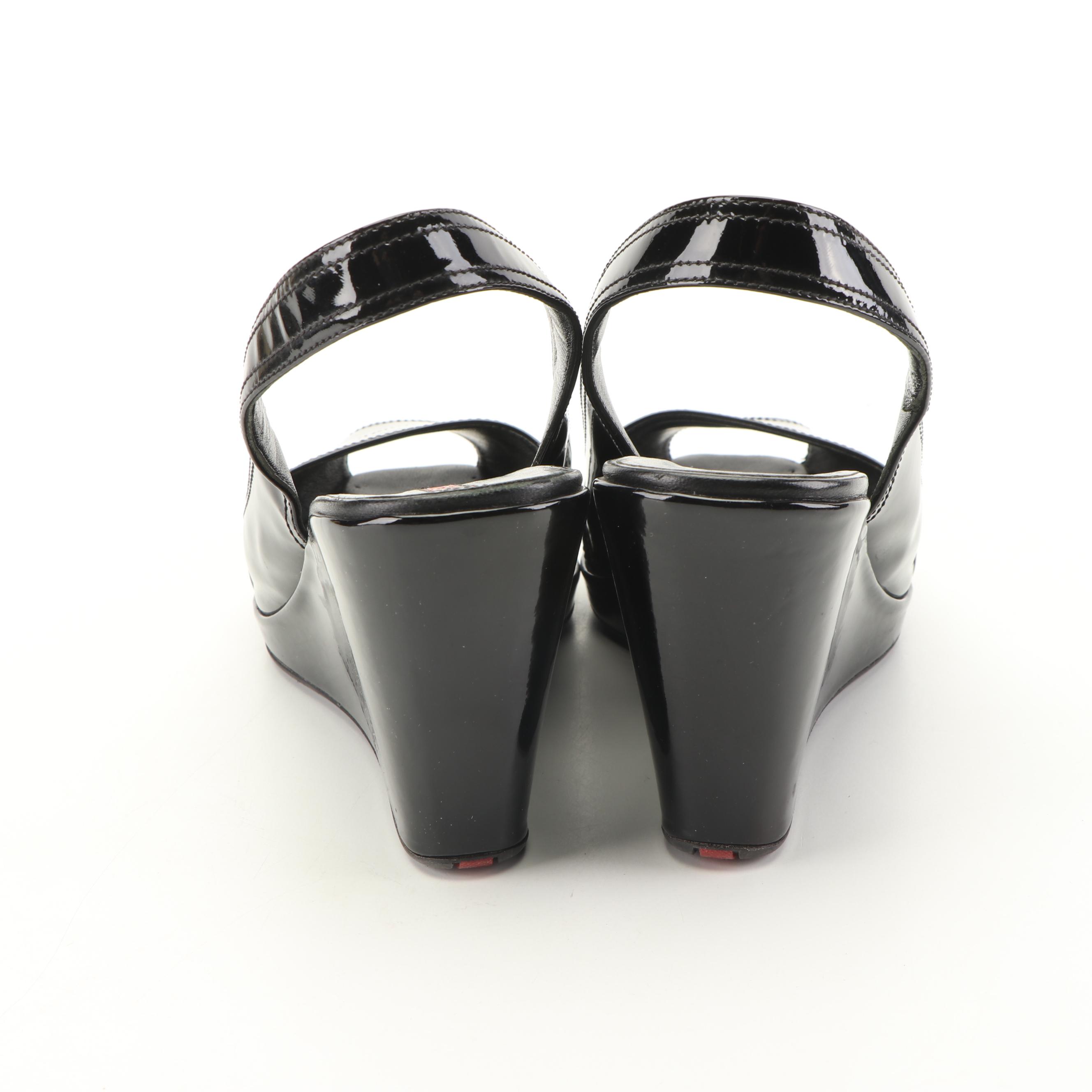 Prada Black Patent Leather Peep-Toe Slingback Wedges