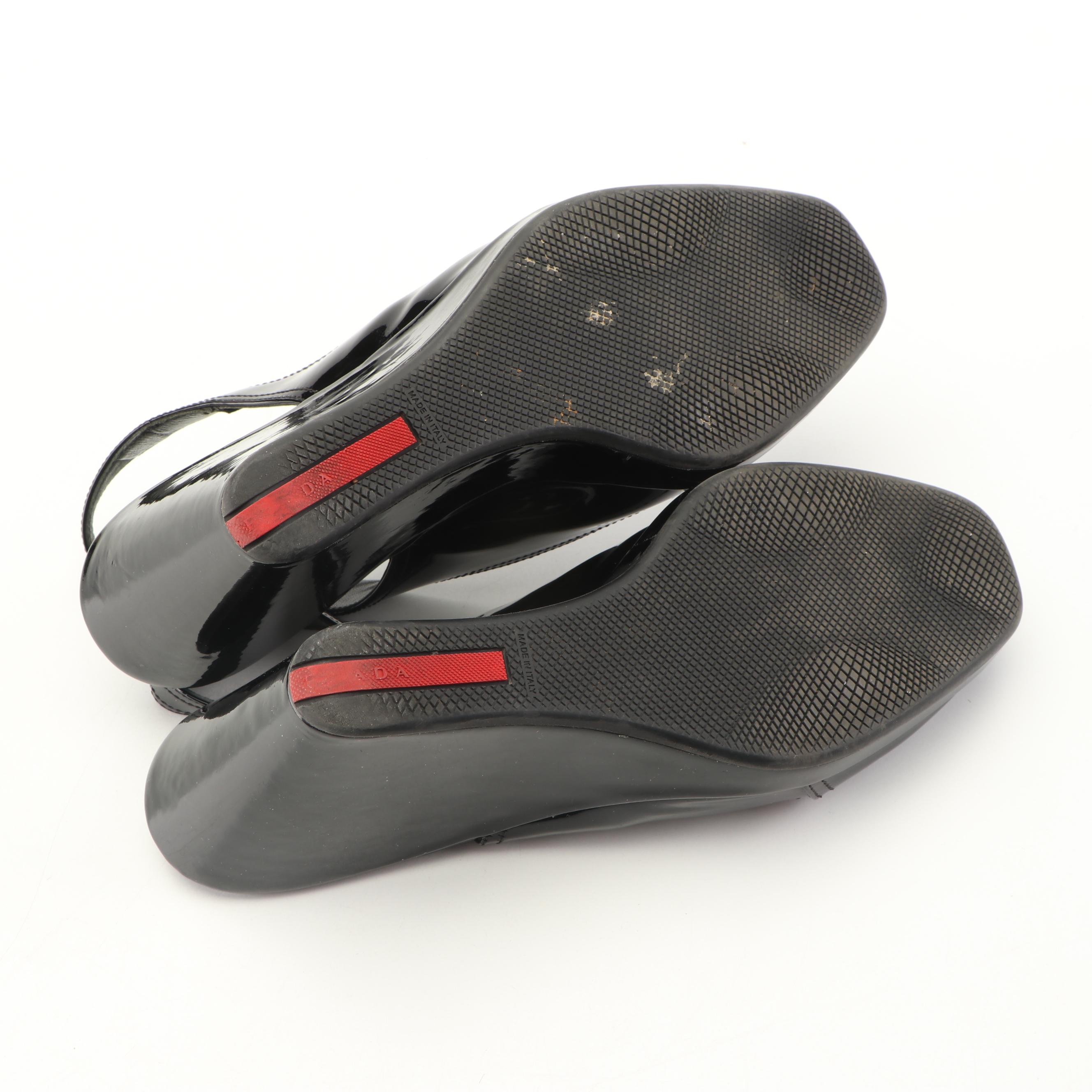Prada Black Patent Leather Peep-Toe Slingback Wedges