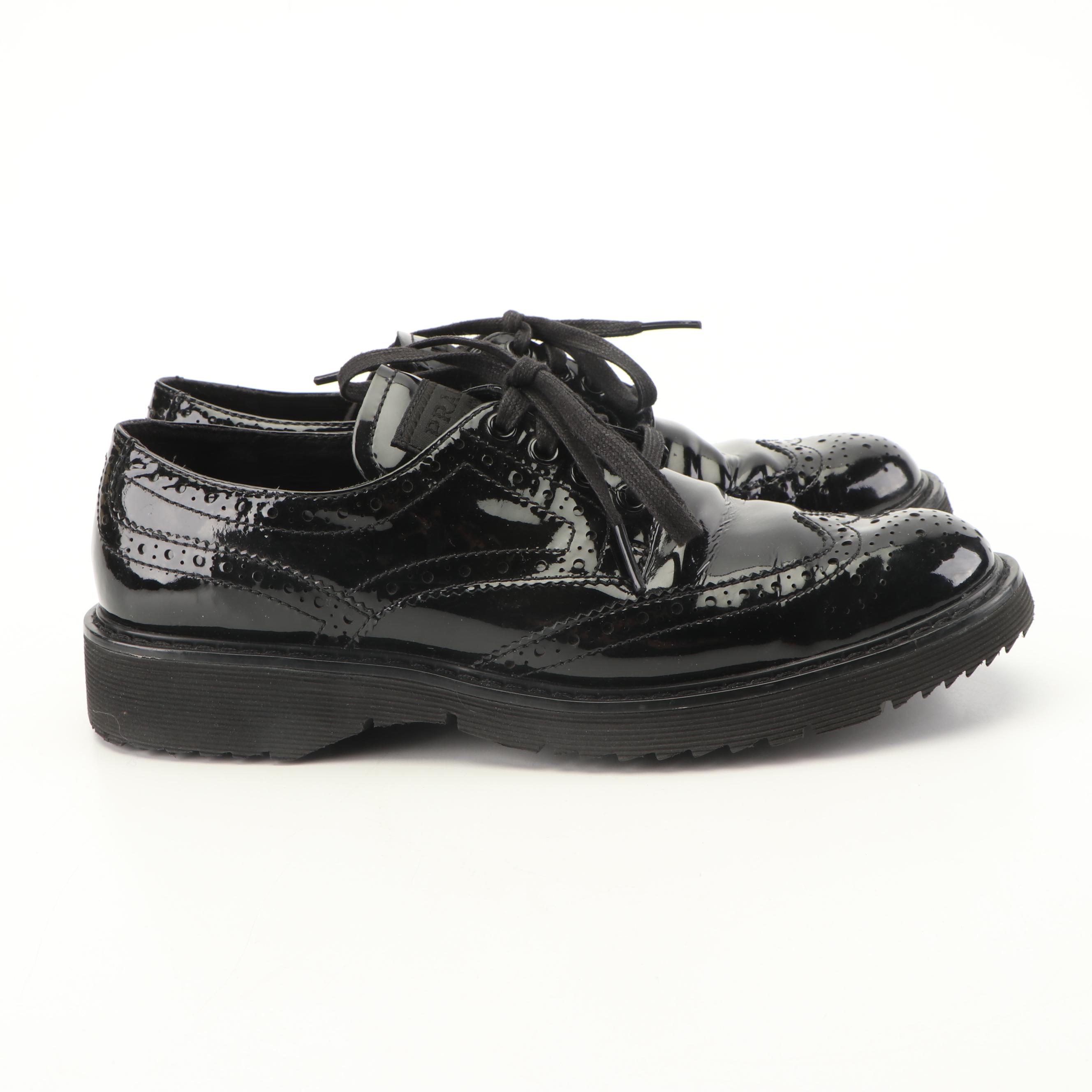 Women's Prada Black Patent Leather Wingtip Oxfords