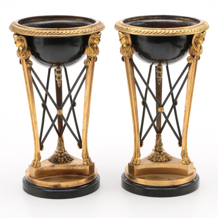 Pair of Empire Style Ebonized and Gilt Metal Pedestal Planters