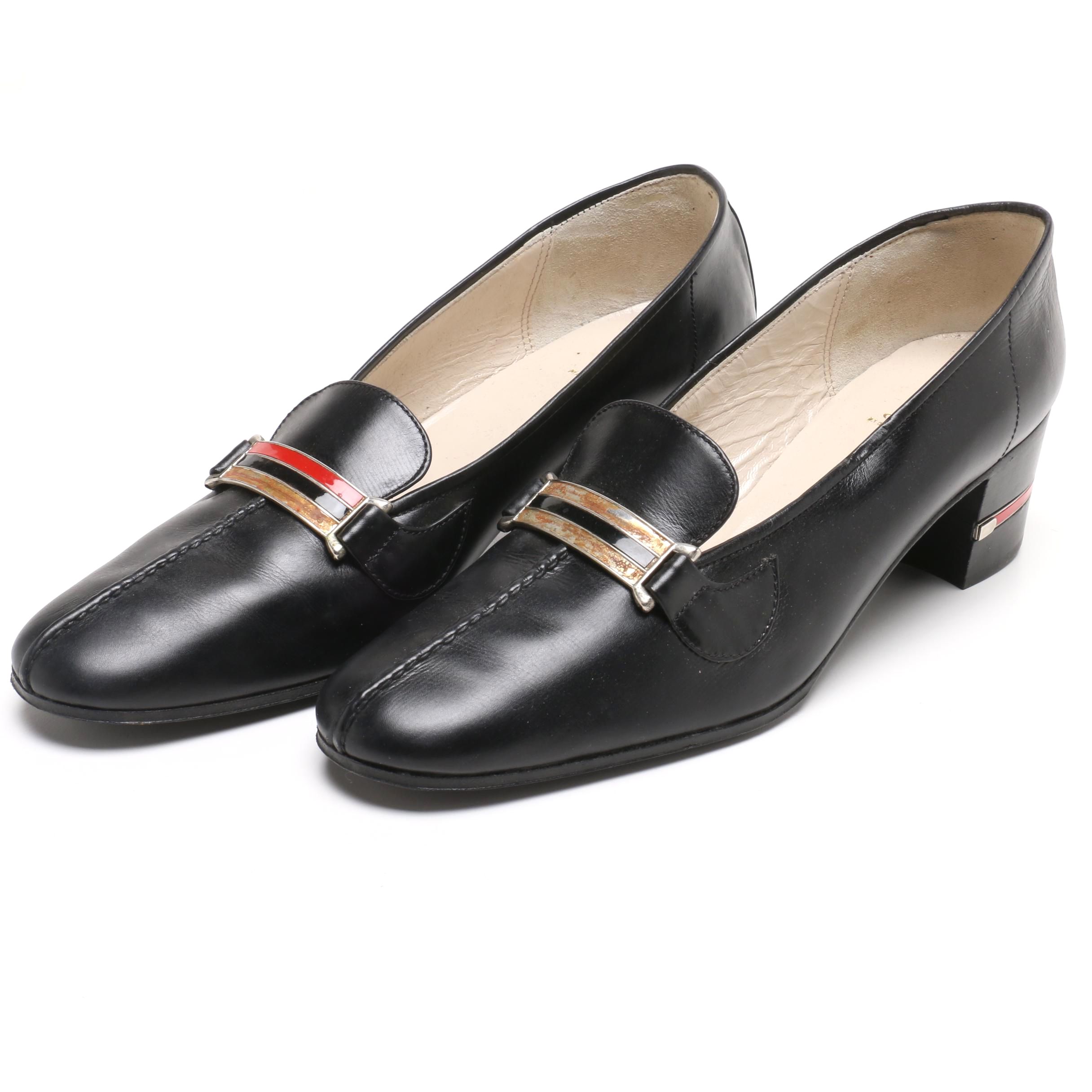 Gucci Navy Blue Block Heel Loafer Heels with Web Stripe Accents, 1960s Vintage