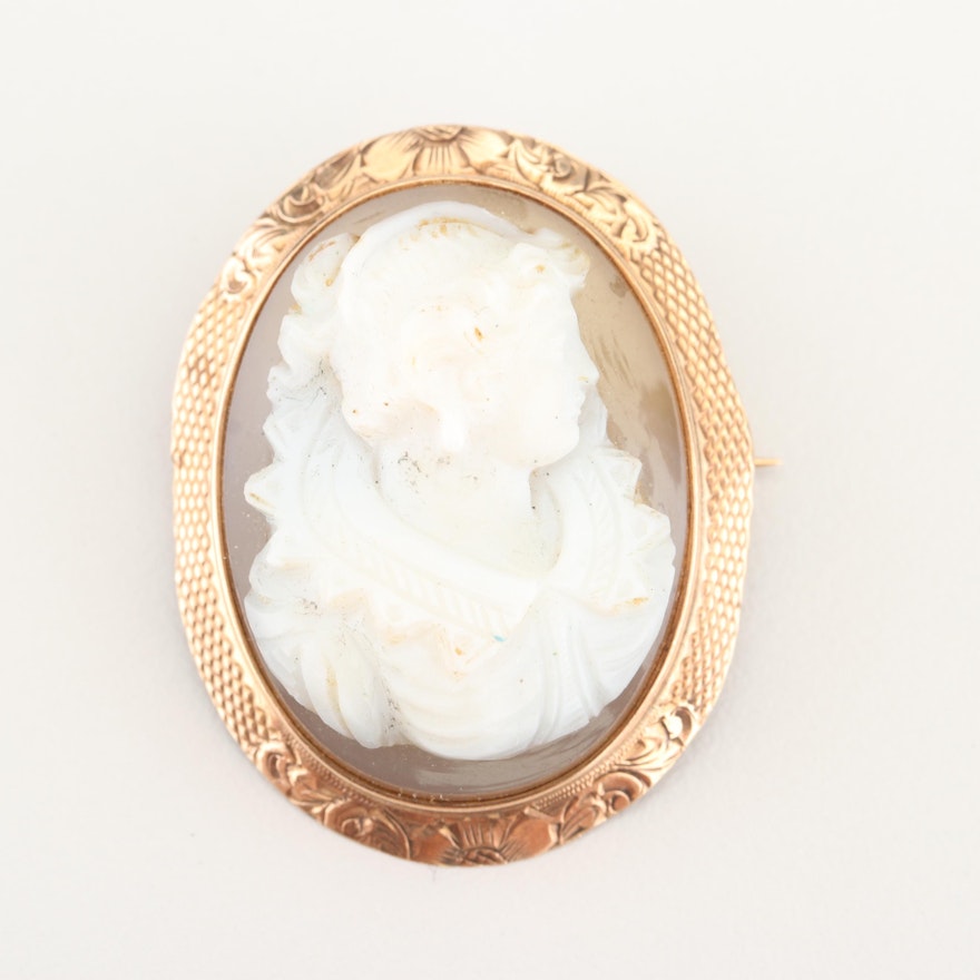 Victorian 10K Yellow Gold Carved Shell Cameo Brooch or Pendant