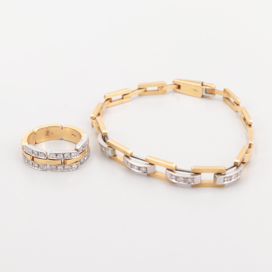 18K Yellow Gold, White Gold Diamond Bracelet and Ring