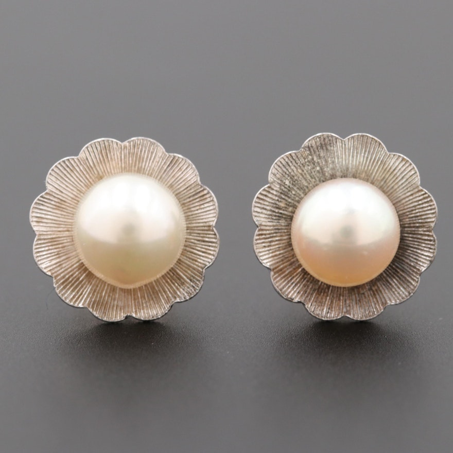 14K White Gold and Silver Tone Cultured Pearl Stud Earrings
