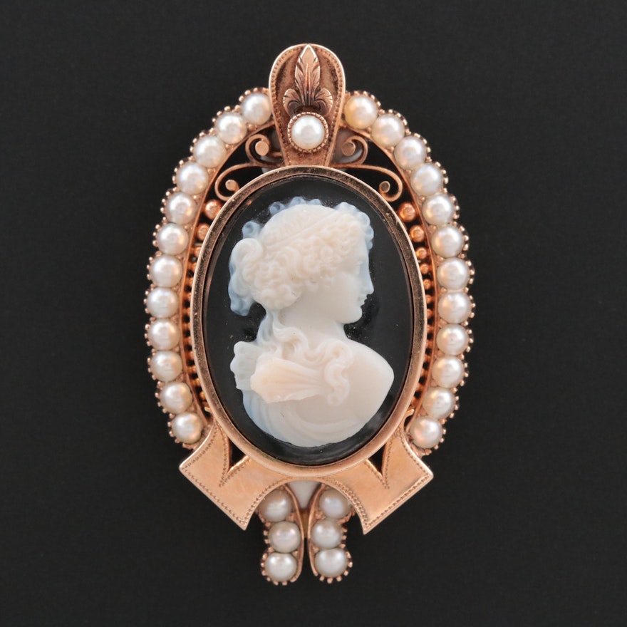 Victorian 14K Yellow Gold Onyx Cameo Converter Brooch with Cultured Pearls