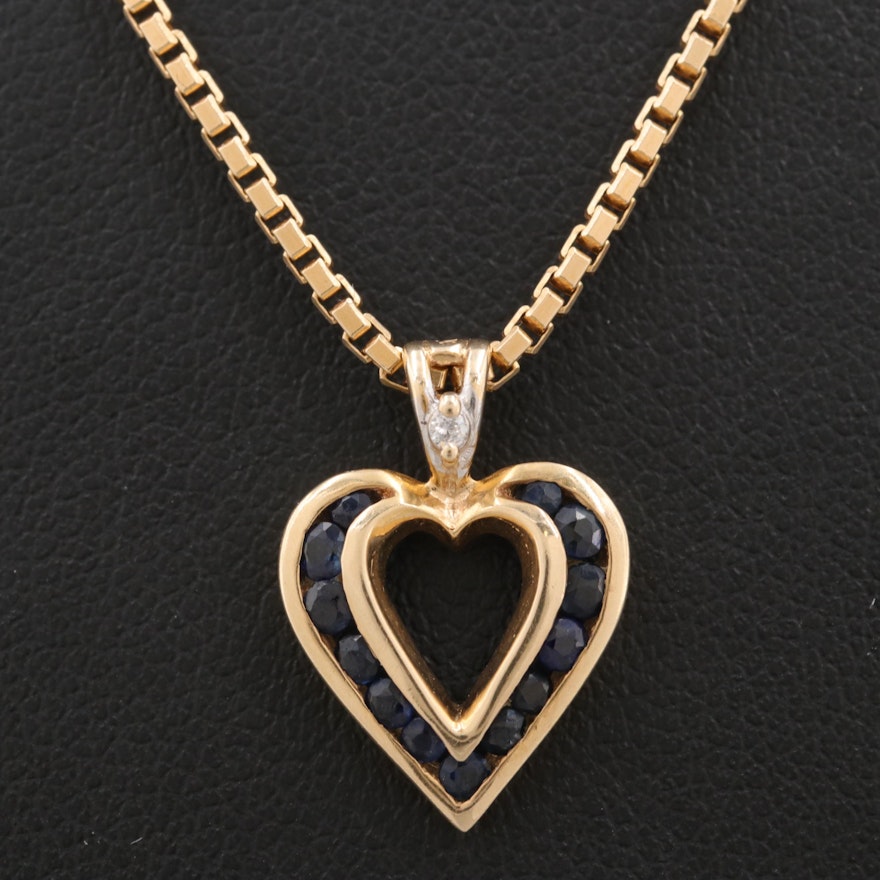 14K Yellow Gold Sapphire and Diamond Heart Pendant Necklace