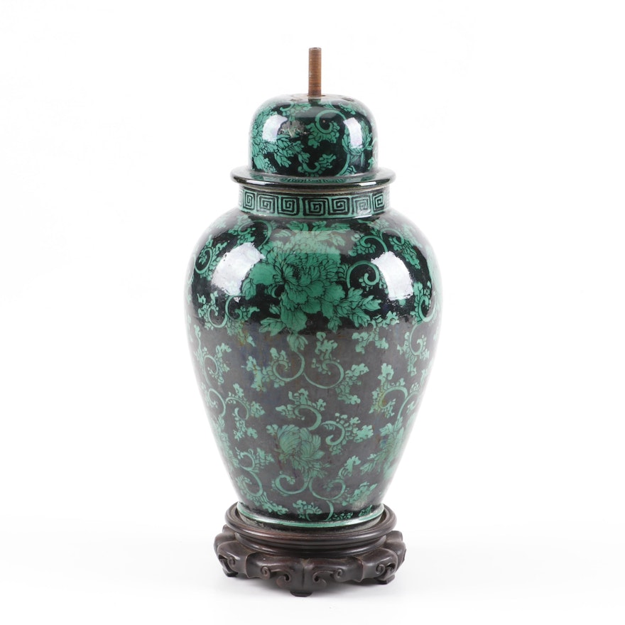 Chinese Black Ground Porcelain Jar Converted to Lamp, 19th Century
