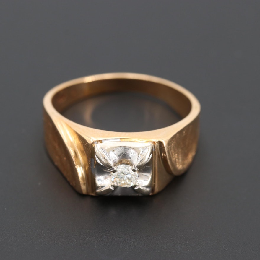 14K Yellow Gold Diamond Ring with White Gold and Florentine Finish Accents