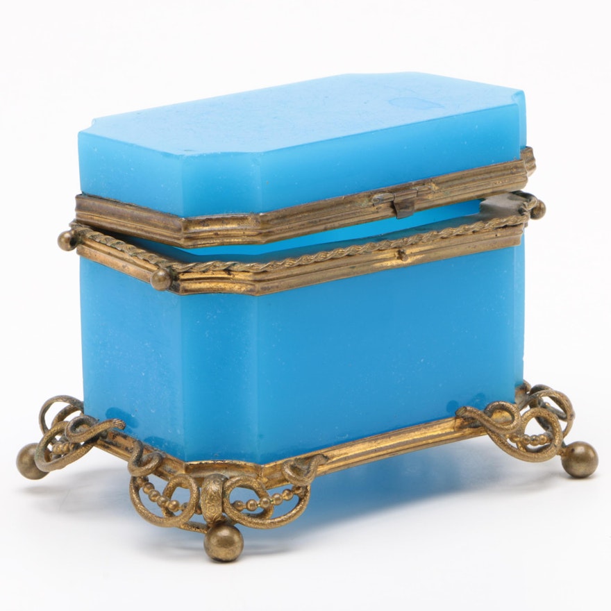 French Blue Opaline Glass Casket, 19th Century