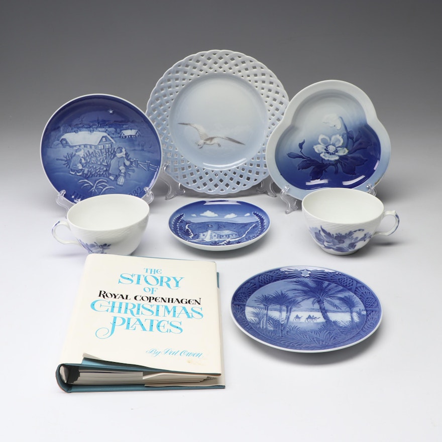 Blue and White Ceramic Dishes and Royal Copenhagen Book with Ephemera
