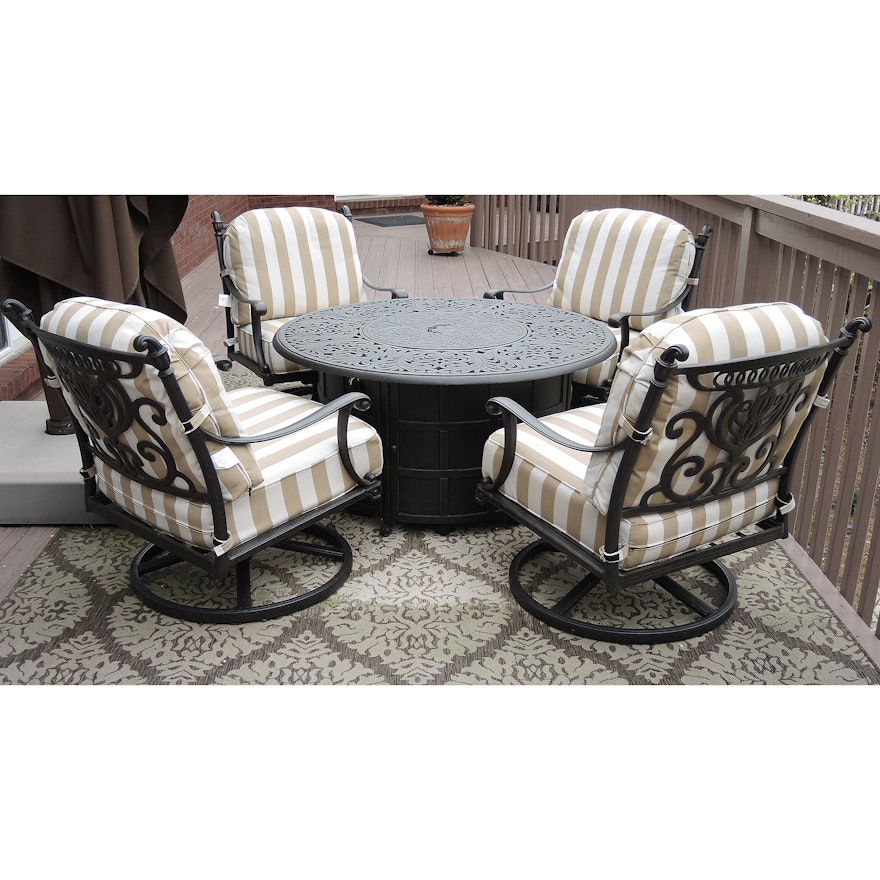 Hanamint "Chateau" Enclosed Propane Firepit and Swivel Rocker Chairs with Cover