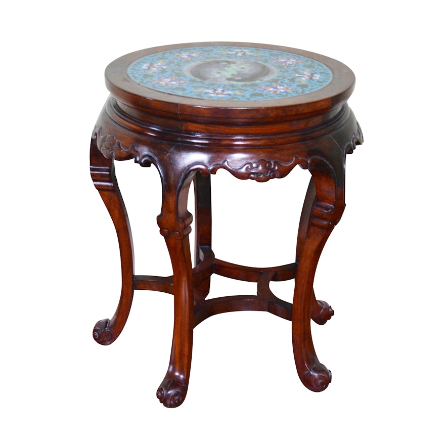 Chinese Cloisonné Inlay with Koi Fish Mahogany Accent Table, 20th Century