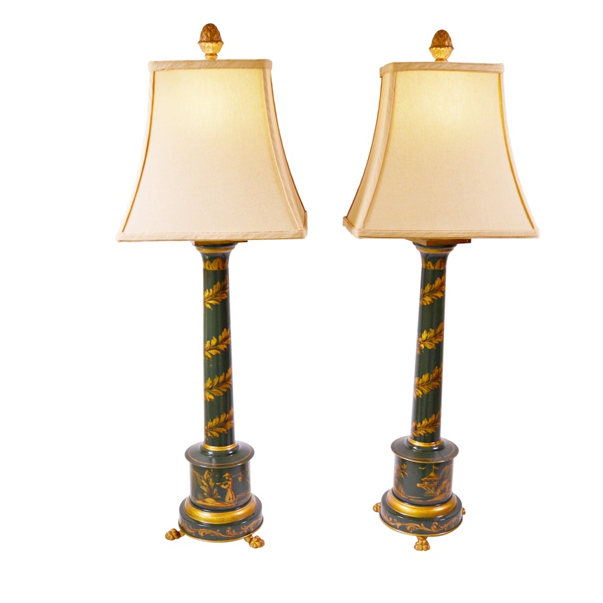 French Empire Style Painted Columnar Table Lamps