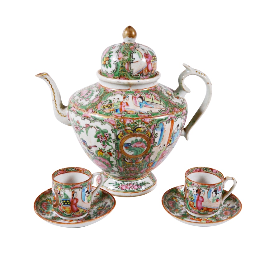 Chinese Rose Medallion Porcelain Teapot and Teacups, Late 19th Century