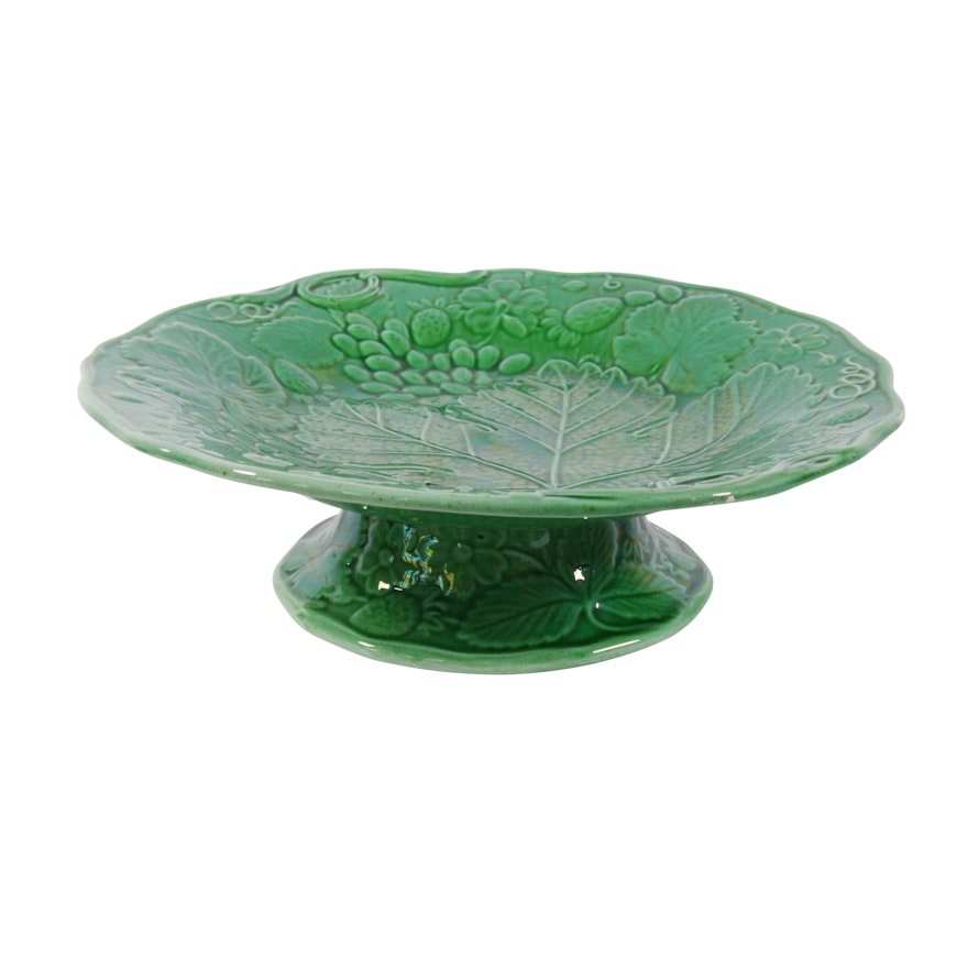 Majolica Grape Leaf Low Pedestal Serving Plate, Antique