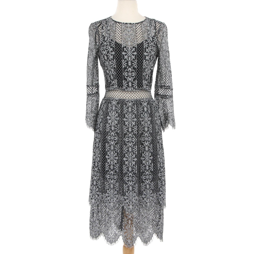 Haute Hippie Black Lace Dress with Metallic Silver Embroidery