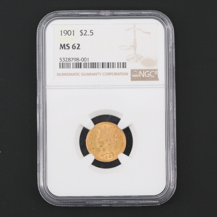 NGC Graded MS62 1901 Liberty Head $2.50 Quarter Eagle Gold Coin