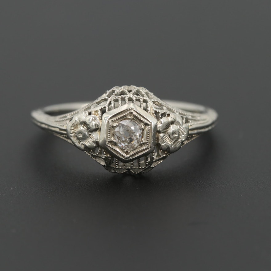Circa 1910 18K White Gold Diamond Solitaire Ring