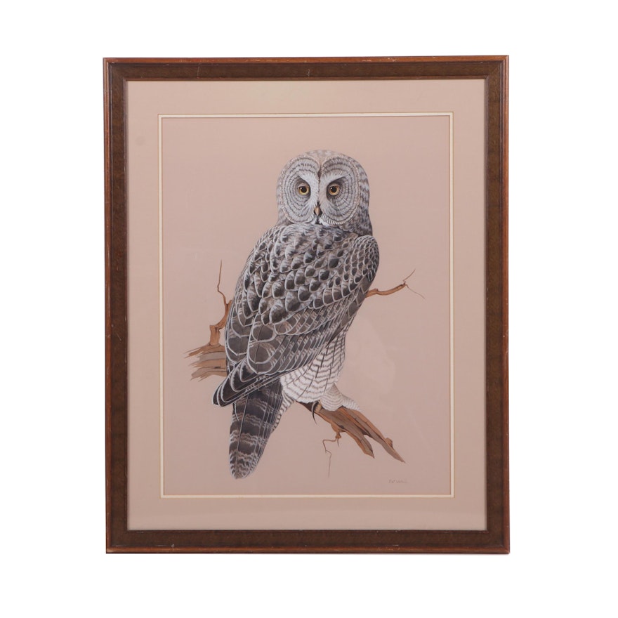 Frederick William Wetzel Watercolor and Gouache Painting of an Owl