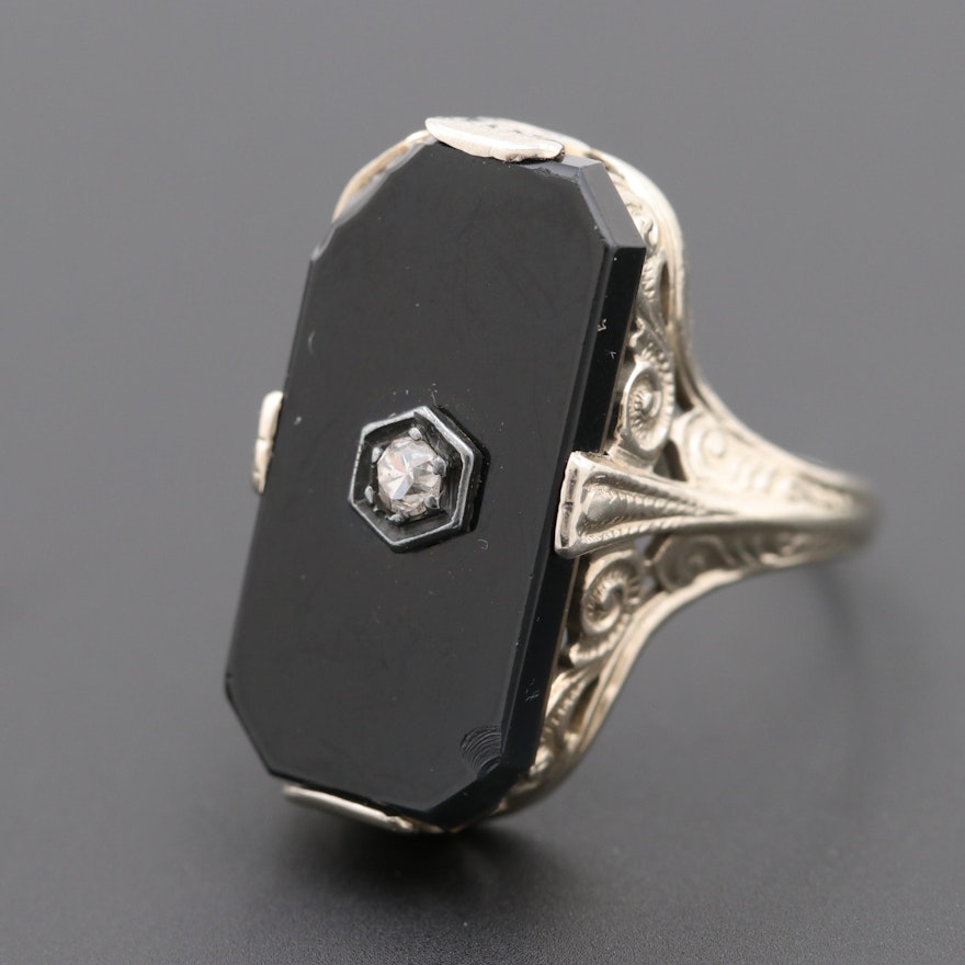 Vintage 18K White Gold Diamond and Black Onyx Ring