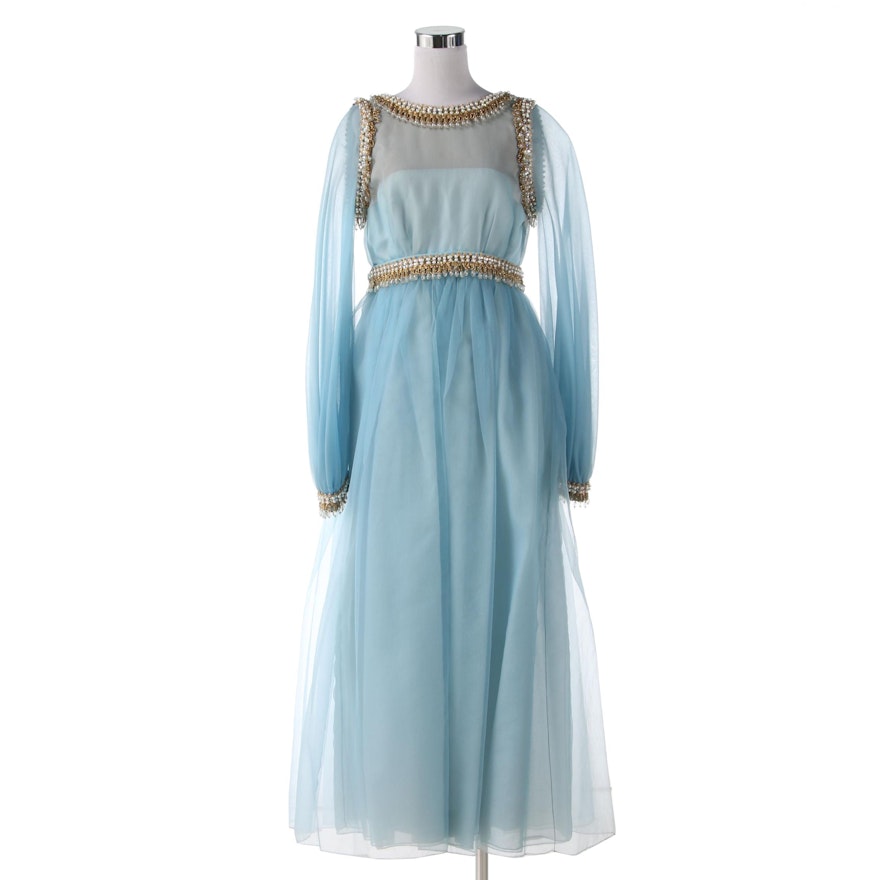 Ferdinando Sarmi for I. Magnin Beaded Gown in Ice Blue Silk Georgette, 1960s