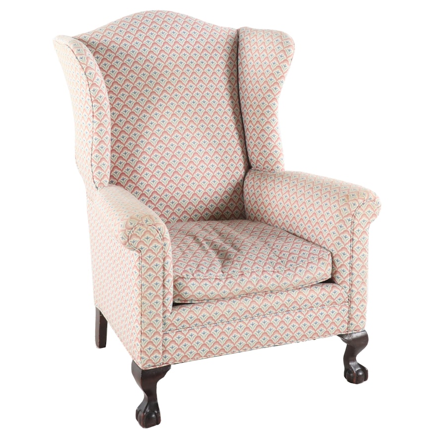 Upholstered Wingback Chair with Mahogany Claw Feet