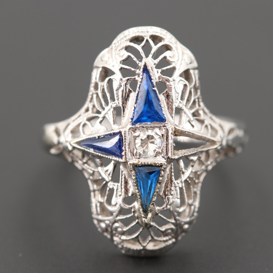 Art Deco 18K White Gold Diamond and Synthetic Blue Spinel Ring