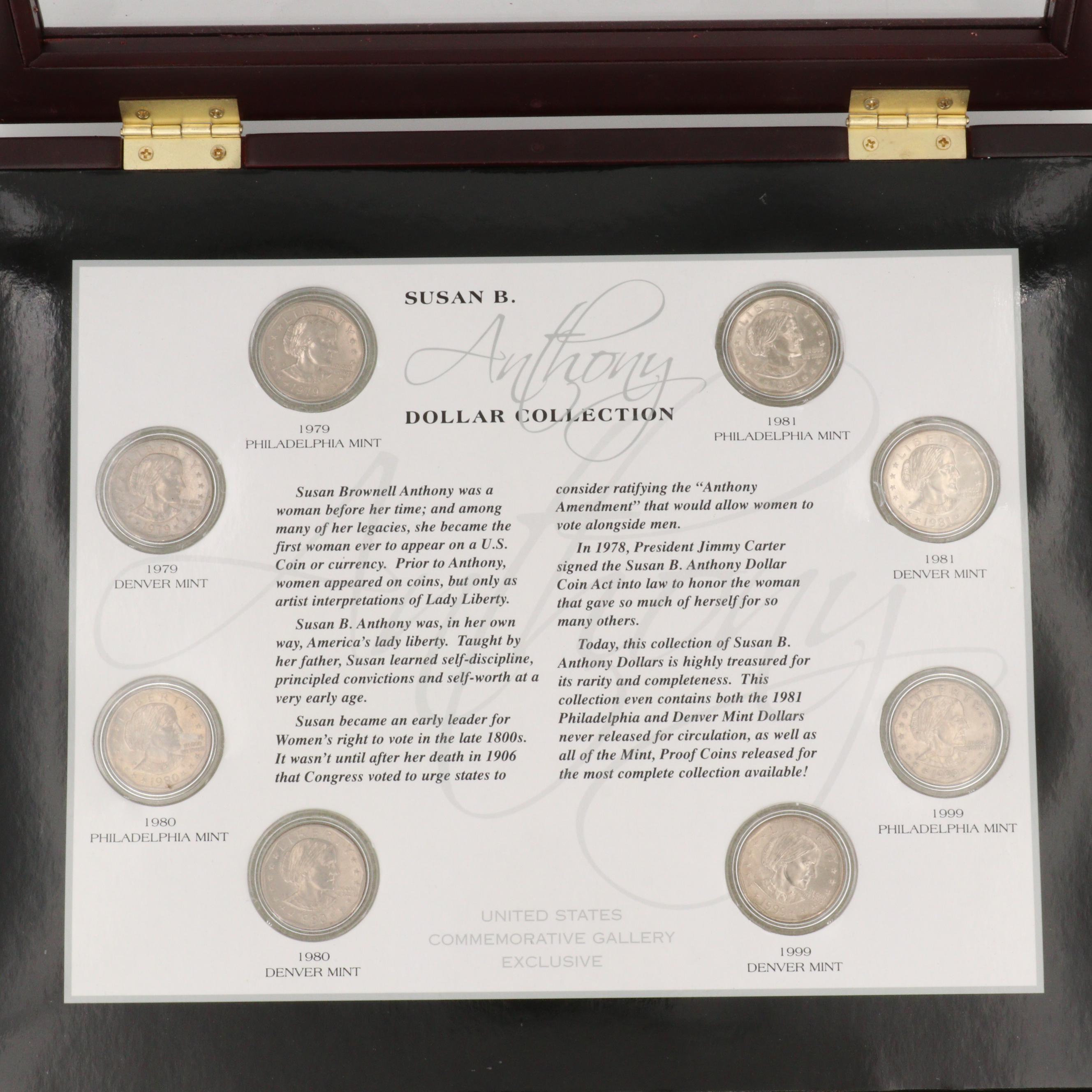 Susan B. Anthony Dollar Eight Coin Collection in a Wooden Display Box