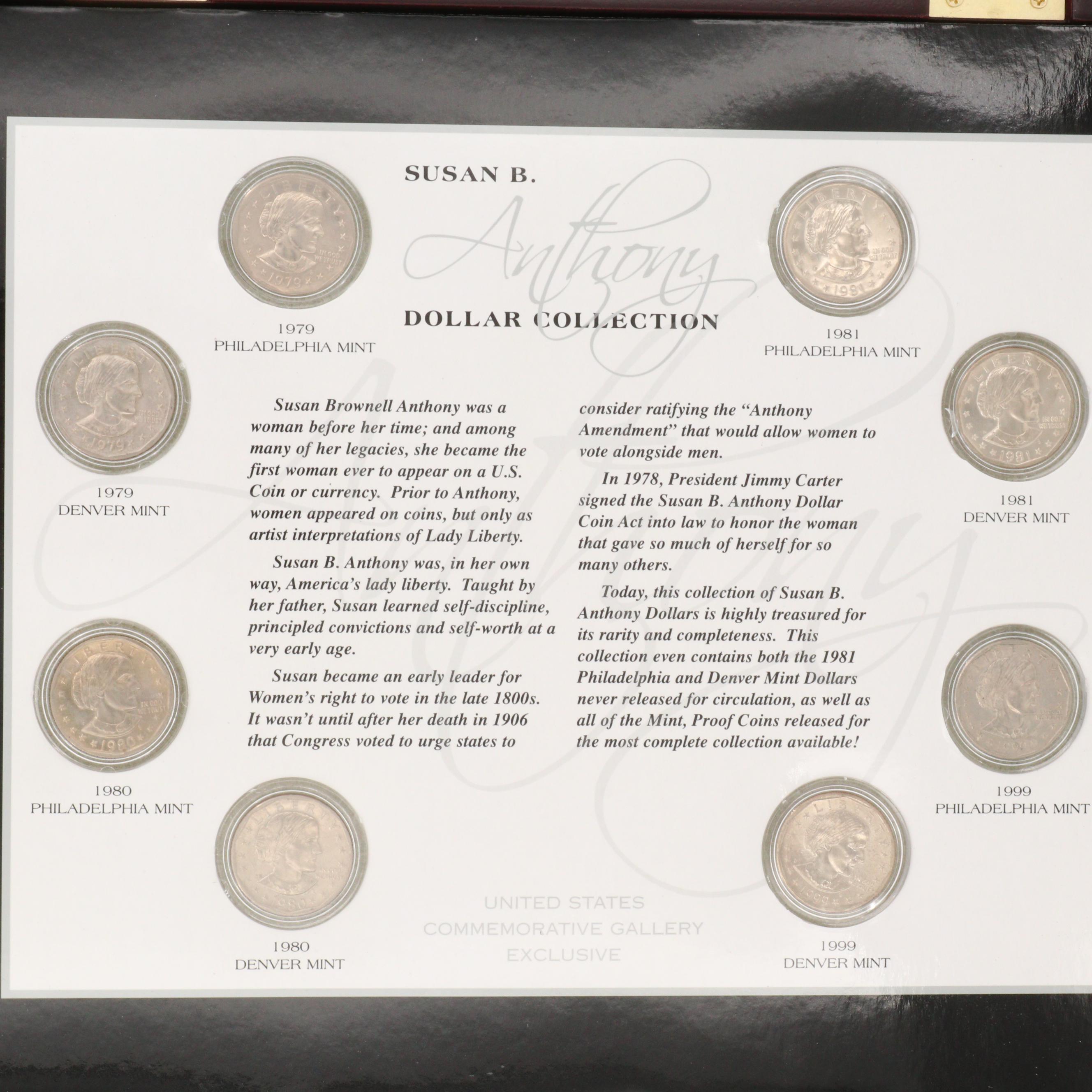 Susan B. Anthony Dollar Eight Coin Collection in a Wooden Display Box