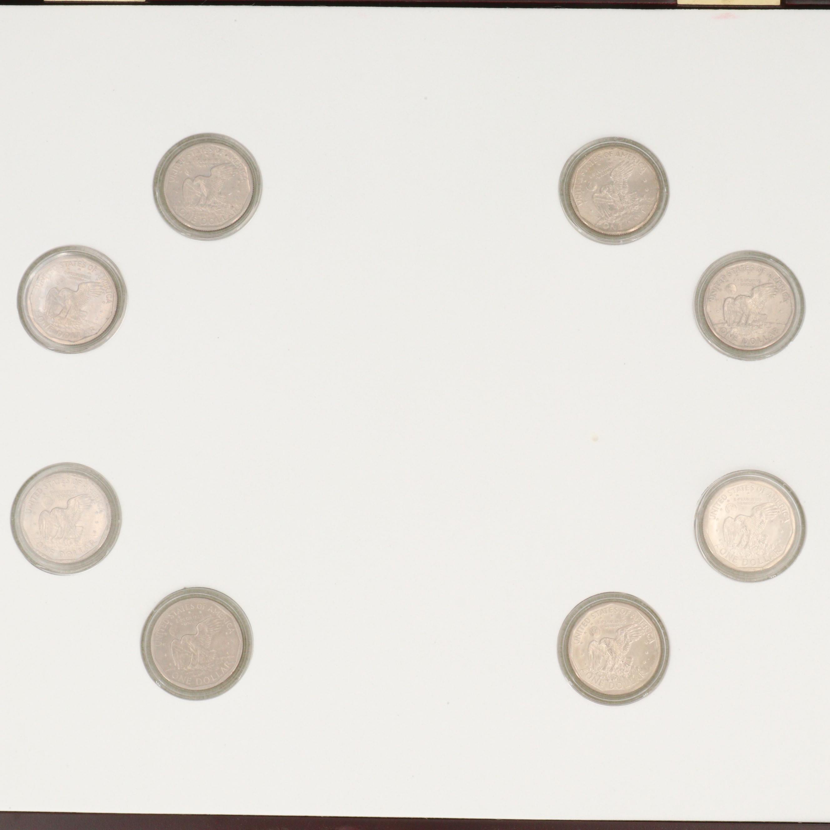 Susan B. Anthony Dollar Eight Coin Collection in a Wooden Display Box
