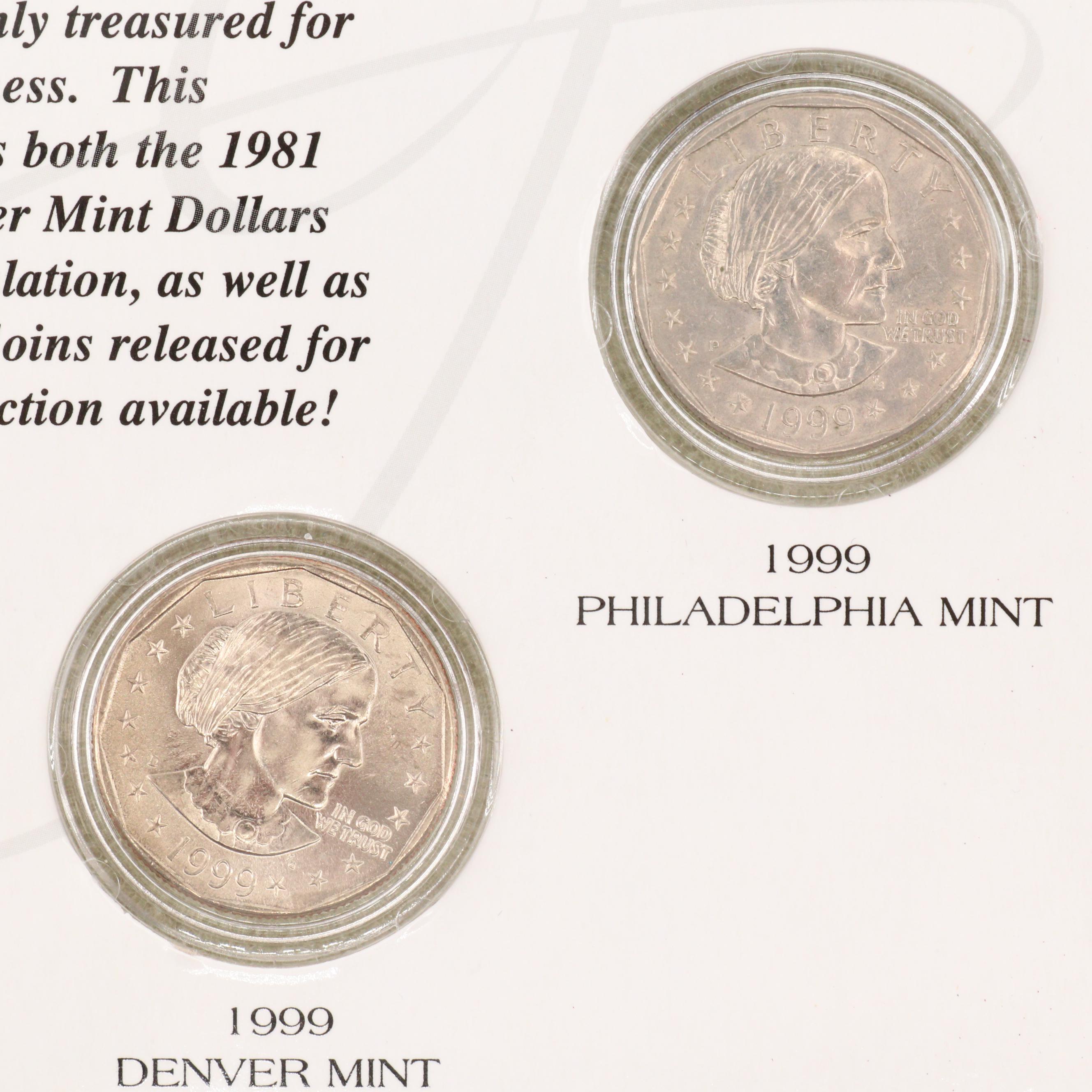 Susan B. Anthony Dollar Eight Coin Collection in a Wooden Display Box