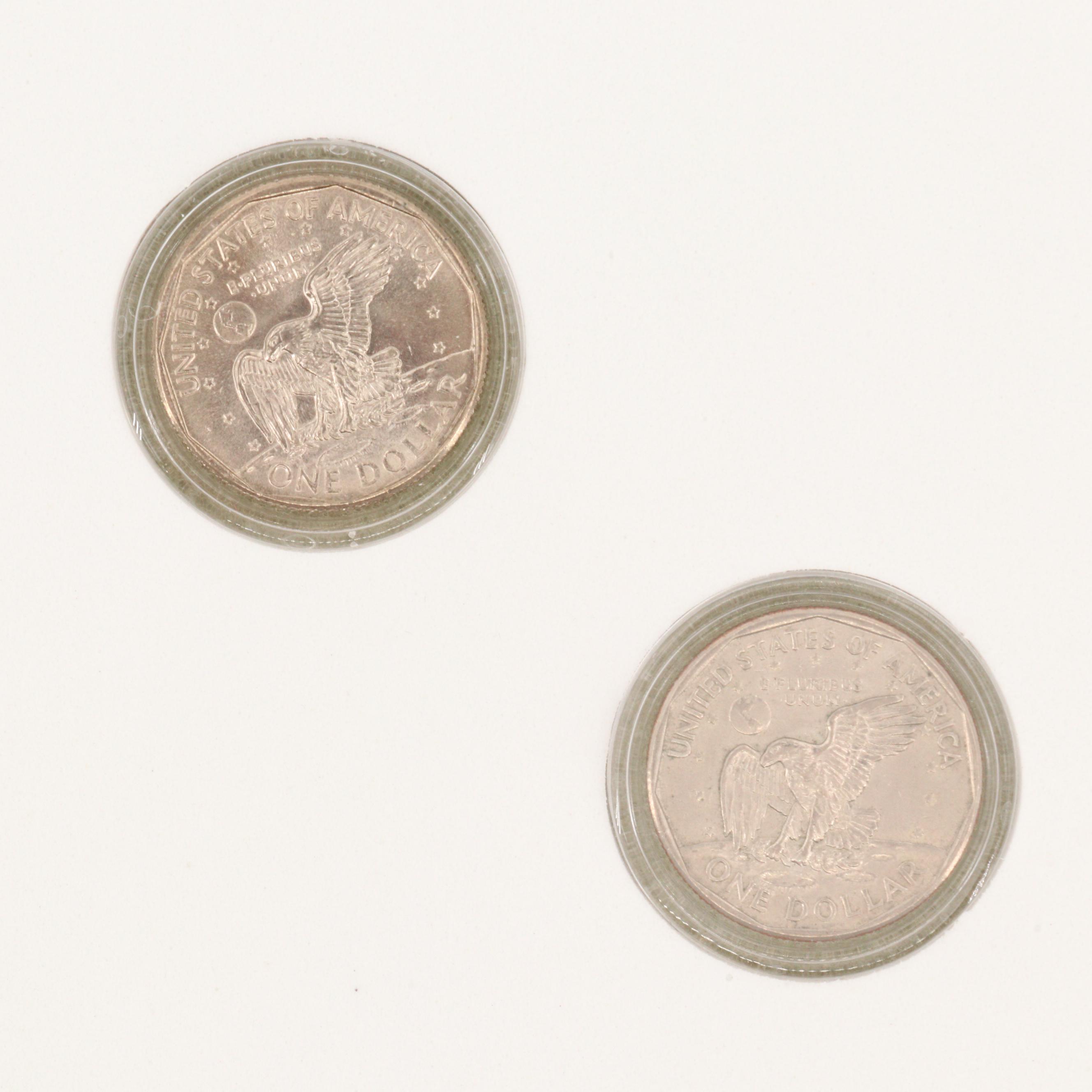 Susan B. Anthony Dollar Eight Coin Collection in a Wooden Display Box