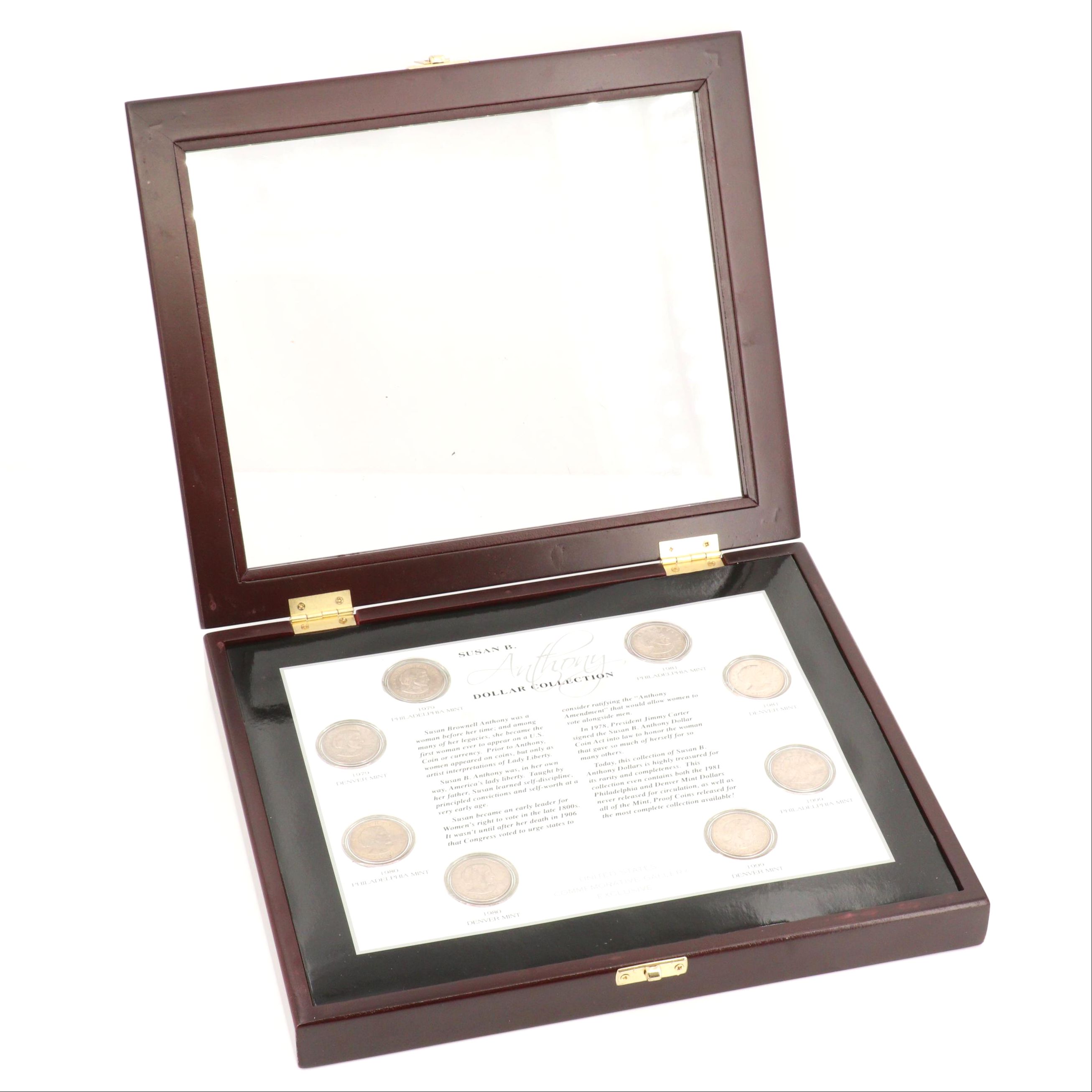 Susan B. Anthony Dollar Eight Coin Collection in a Wooden Display Box