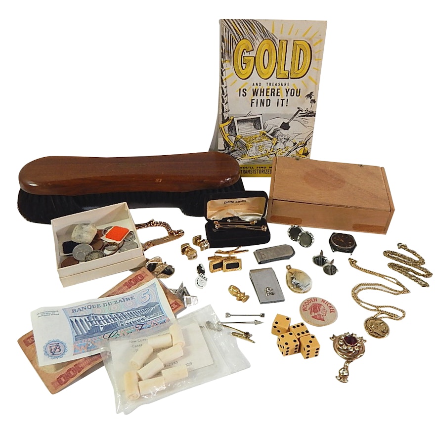 Foreign Currency, Medals, Cufflinks, Billiard Brush, Wood Box, Trinkets