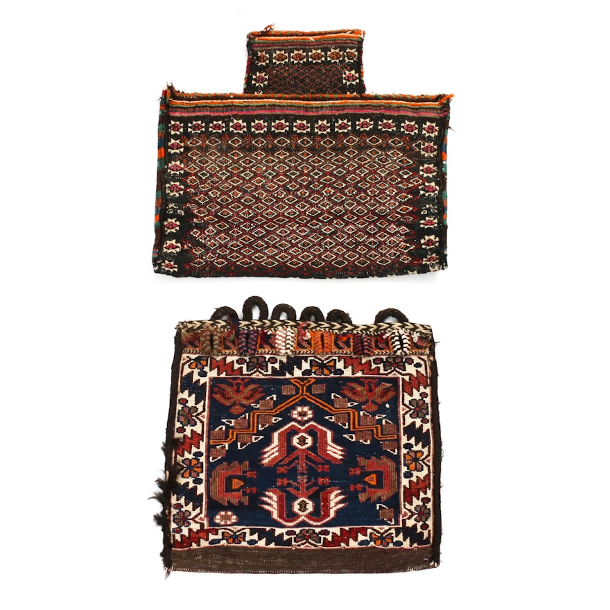 2'0 x 1'10 Hand-Knotted and Brocade Persian Kurdish Wool Saddle Bags