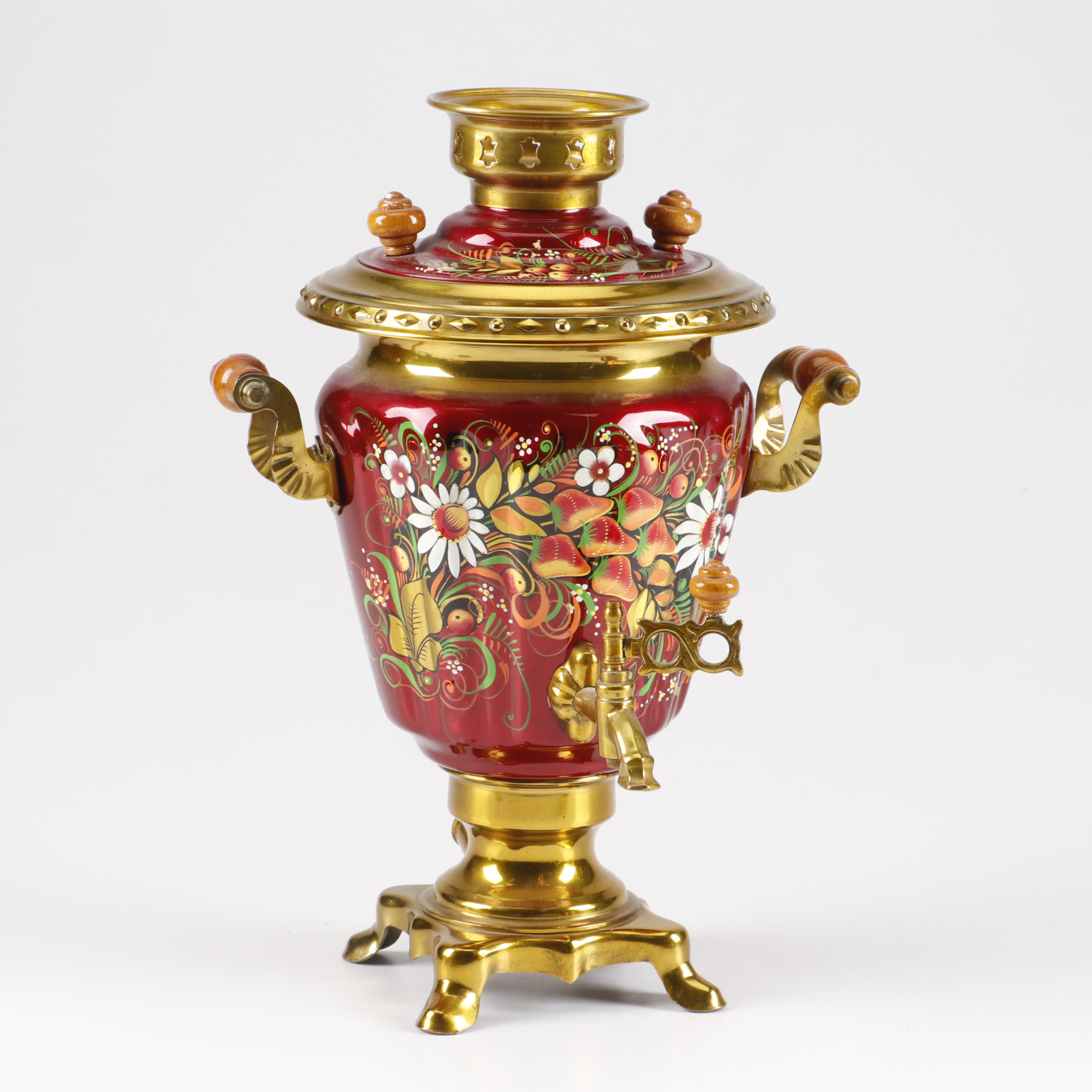 Hand-Painted Russian Samovar, Teapot, and Tray Set
