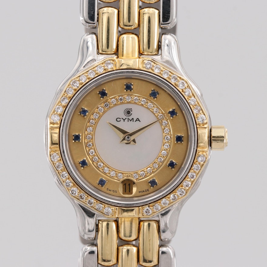 Cyma Signature 18K Gold and Steel Quartz Wristwatch With Diamonds and Sapphires