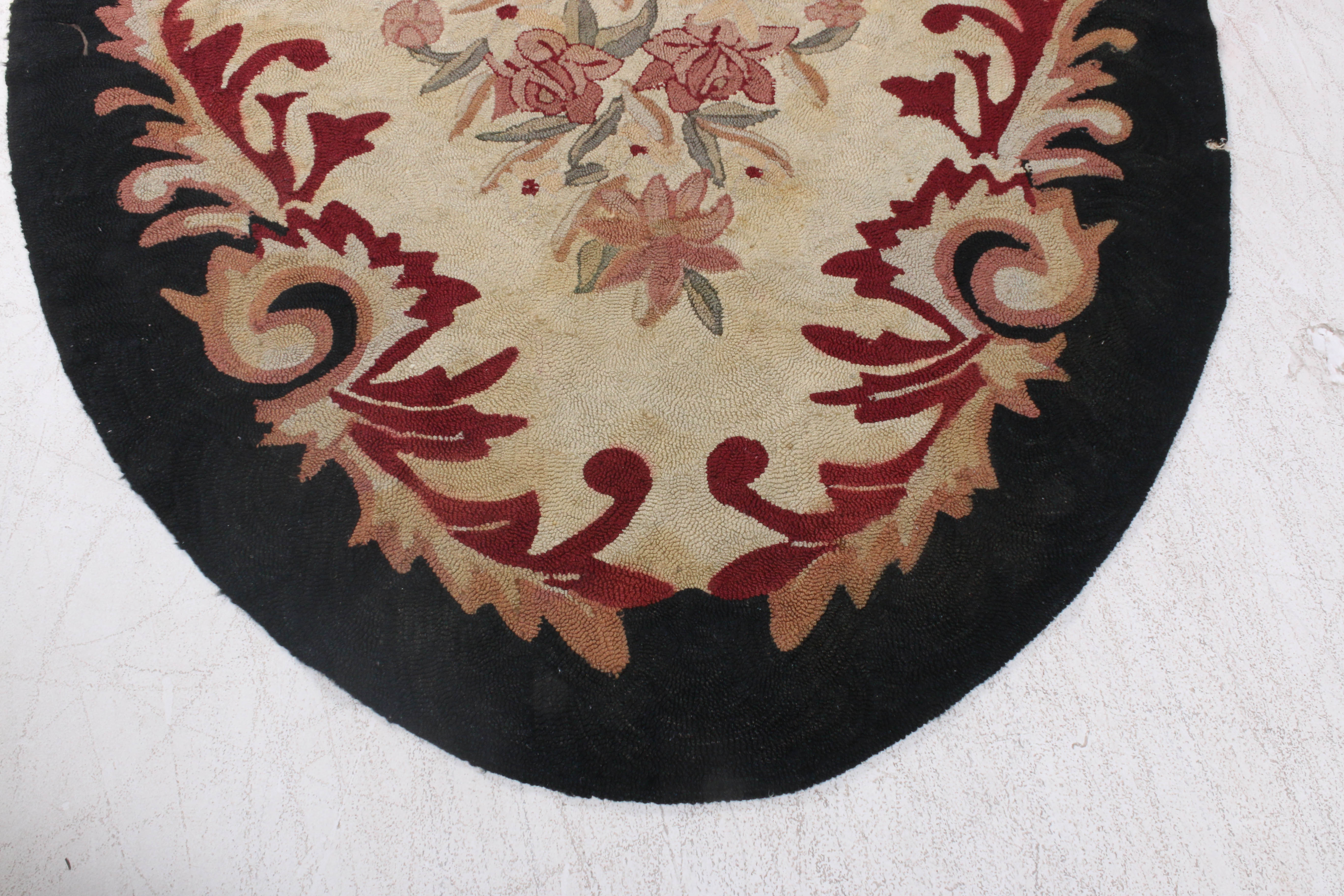 5'9 x 8'9 Hooked Floral Oval Rug, Wool Circa 1930