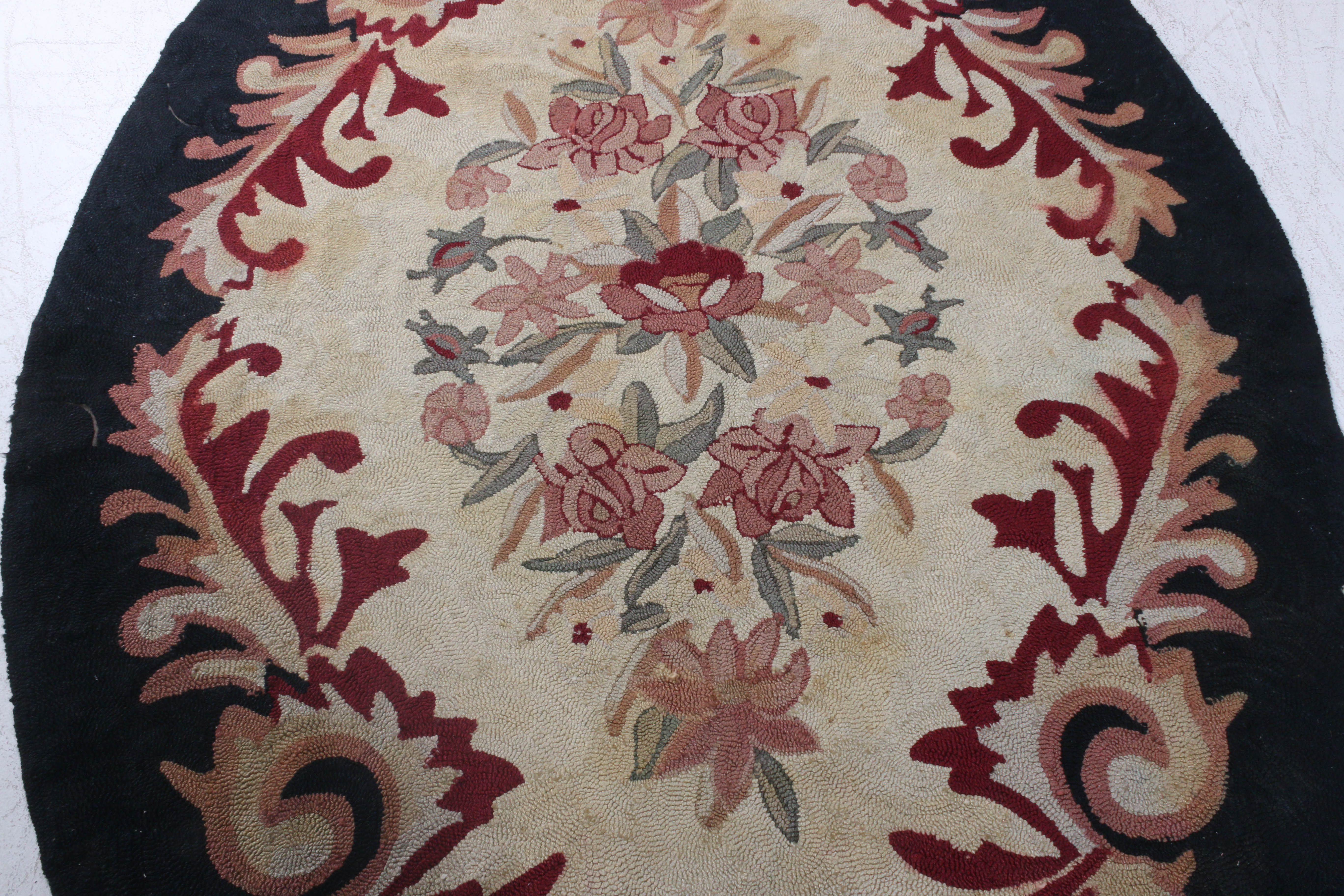 5'9 x 8'9 Hooked Floral Oval Rug, Wool Circa 1930