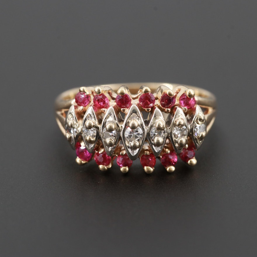 14K Yellow Gold Diamond and Synthetic Ruby Ring with White Gold Accents
