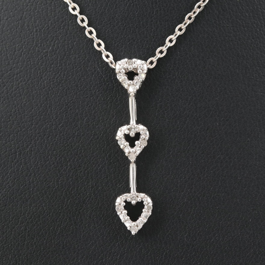 10K White Gold and Sterling Silver Diamond Triple Heart Necklace