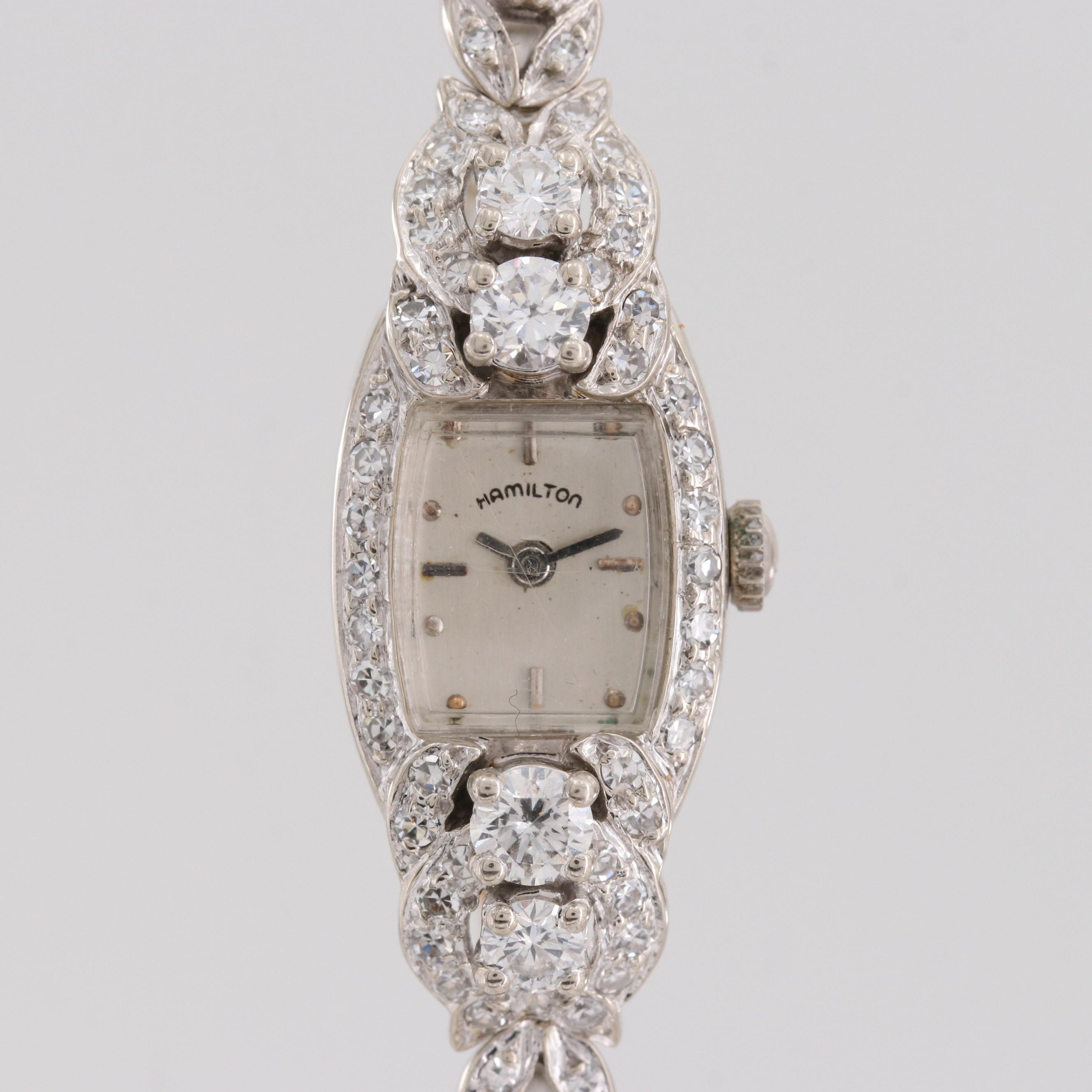 Vintage Hamilton 14K White Gold 2.55 CTW Diamond Quartz Watch