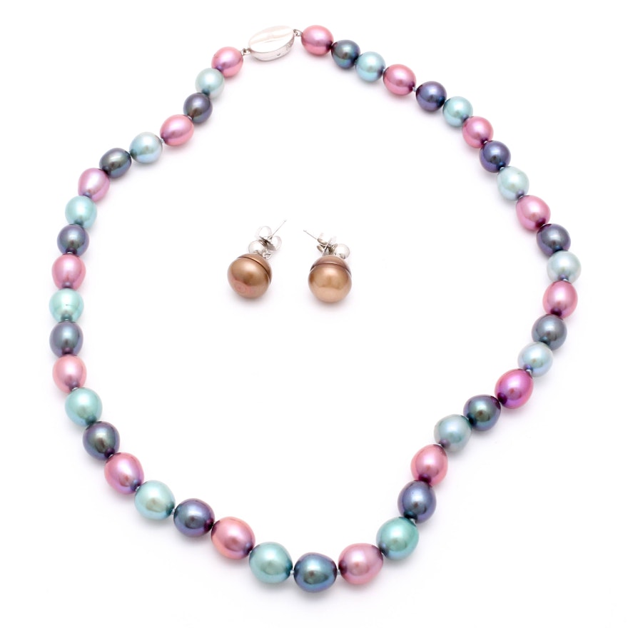 Honora Dyed Freshwater Pearl Necklace and Earrings with Sterling Silver