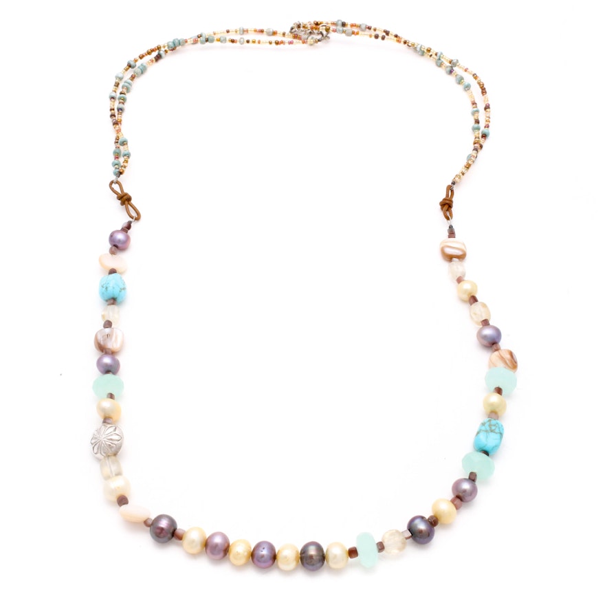 Sterling Silver, Pearl, Turquoise, Mother of Pearl, and Quartz Beaded Necklace